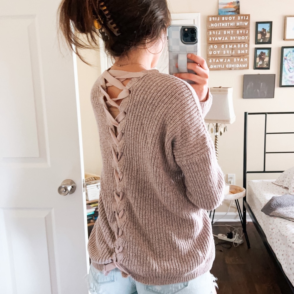 (ayla) light pink blush lace up back sweater knit cardigan